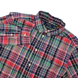 Polo Ralph Lauren Boys L 14-16 LS Button‎ Up Shirt Red Green Blue Plaid Stretch